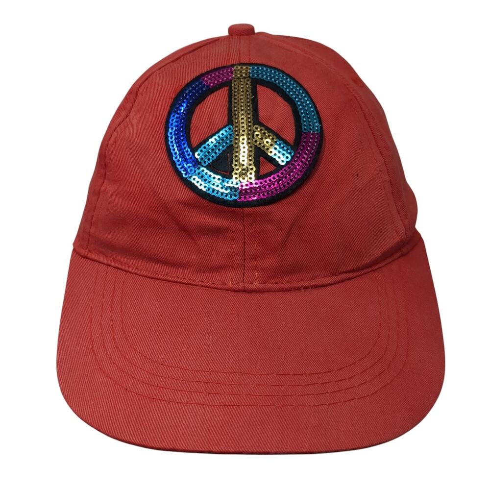 Peace Sign Sequin Strapback Hat Red One Size Adjustable Solid Outdoor